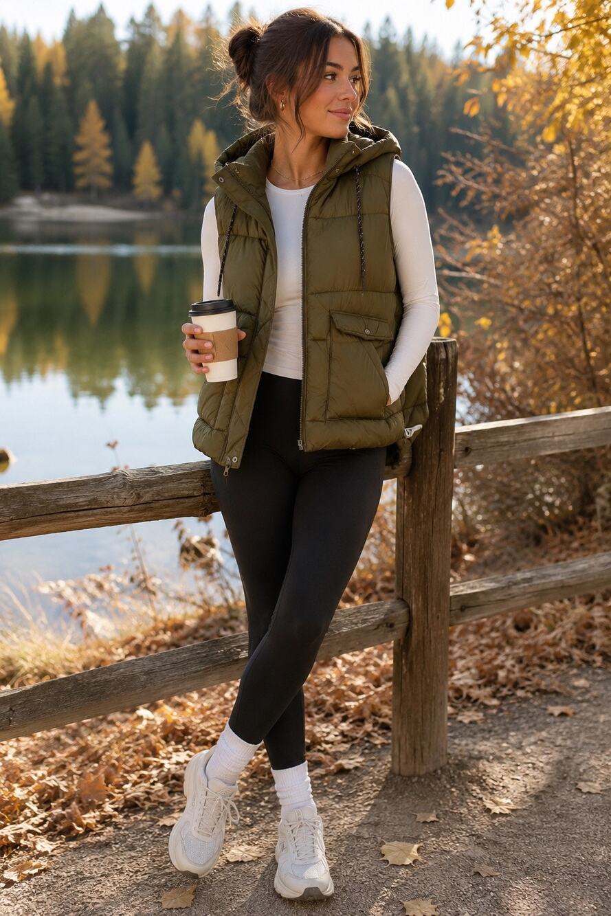 Zella Activewear Lightweight Track Hooded Puffer Jacket Vest Olive Green
